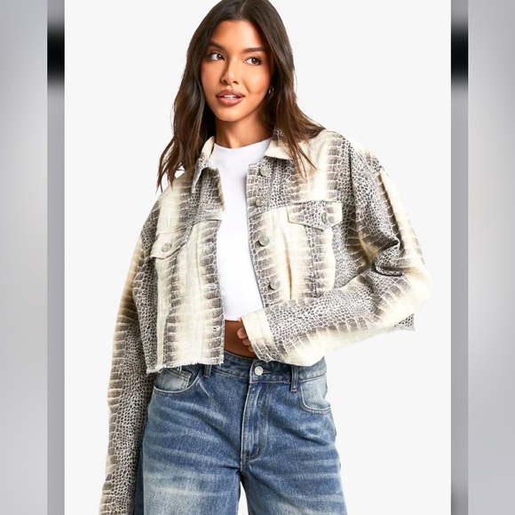 Boohoo Mock Croc Denim Cropped Jacket - Picture 1 of 4